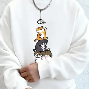 Balık Yakalayan Kediler Baskılı Erkek Kazak Kış Bisiklet Yaka Kapüşonlular Sokak Polar Sıcak