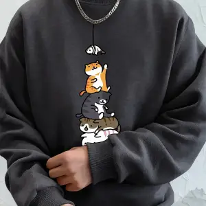 Balık Yakalayan Kediler Baskılı Erkek Kazak Kış Bisiklet Yaka Kapüşonlular Sokak Polar Sıcak