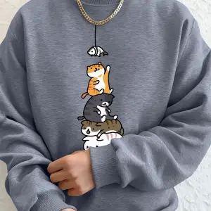 Balık Yakalayan Kediler Baskılı Erkek Kazak Kış Bisiklet Yaka Kapüşonlular Sokak Polar Sıcak