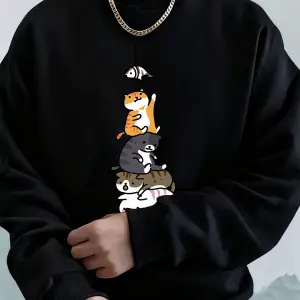 Balık Yakalayan Kediler Baskılı Erkek Kazak Kış Bisiklet Yaka Kapüşonlular Sokak Polar Sıcak