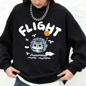 Balık yakalayan kediyle mücadele baskı kazak kadın rahat uzun kollu bisiklet yaka kapüşonlu ü