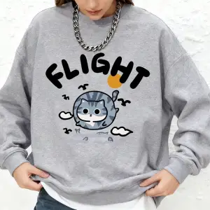 Balık yakalayan kediyle mücadele baskı kazak kadın rahat uzun kollu bisiklet yaka kapüşonlu ü