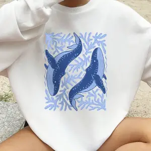 Balina ve Mercan Baskı Tişörtü Bayan Sonbahar Polar Sıcak Kapüşonlular Crewneck Gevşek Kazak