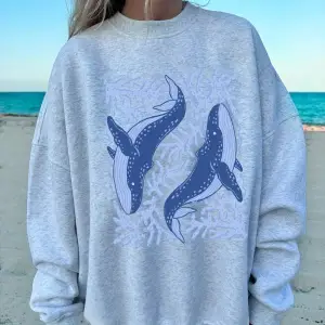 Balina ve Mercan Baskı Tişörtü Bayan Sonbahar Polar Sıcak Kapüşonlular Crewneck Gevşek Kazak