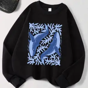 Balina ve Mercan Baskı Tişörtü Bayan Sonbahar Polar Sıcak Kapüşonlular Crewneck Gevşek Kazak