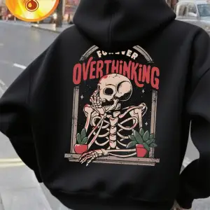 Balkonda İskelet Adam Baskılı Kapüşonlu Üstler Kadınlar İçin Günlük Bol Sweatshirt Kışlık Pol