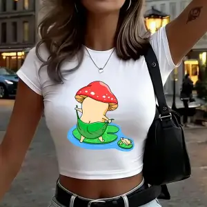 Banyo Mantarı Baskı Kadın Kırpma T-Shirt Yaz Yüksek Elastik Yumuşak Üstler Uydurma İnce Kısa