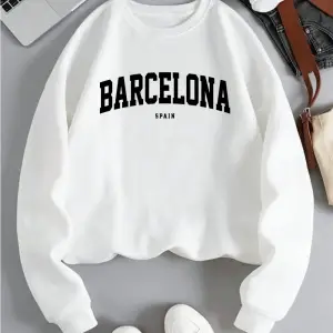 Barcelona España Mektup Baskı Kadın Kazak Polar Rahat Kazak O-Boyun Sonbahar Streetweet Gevşe