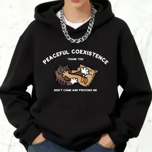 Barışçıl Bir Yaşam Birlikte Yaşam Kedi Baskılı Kapüşonlu Üstler Pamuklu Kadın Eşofman Cepli Ü