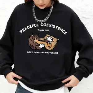 Barışçıl Bir Yaşam Ortaklığı Kedi Baskılı Kapüşonlu Kadın Basic Oversize Jogger Sweatshirt Uz