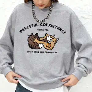 Barışçıl Bir Yaşam Ortaklığı Kedi Baskılı Kapüşonlu Kadın Basic Oversize Jogger Sweatshirt Uz