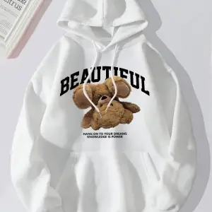 Baş aşağı Teddy Bear baskı Hoodies kadın spor moda rahat kapüşonlu sıcak o-boyun polar Hoody