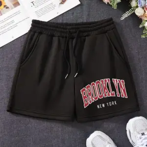 Bay Brooklyn Penye Kısa Şort - Siyah Baskılı Yüksek Bel Örme