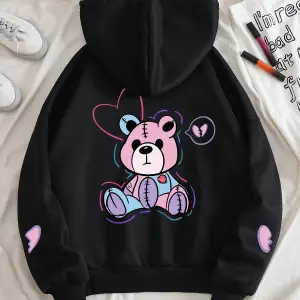 Bear And Heart Print Zip Up Lined Drawstring Hoodie Siyah
