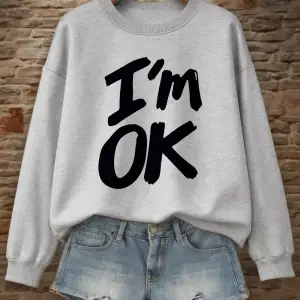 Ben iyiyim mektup baskılı tişörtü bayan sonbahar kış rahat kapşonlu polar sıcak bisiklet yaka