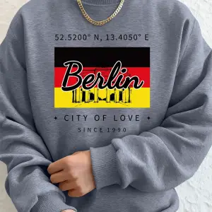 Berlin şehir aşk baskı erkek tişörtü kış polar sıcak kapşonlu kore gevşek bisiklet yaka spor