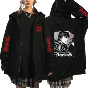 Berserk Anime Fermuarlı Hoodie Model 103 12286 Siyah