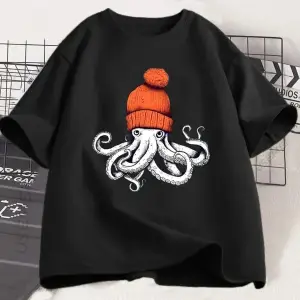 Beyaz Ahtapot Turuncu Bere Japon Tarzı Grafik Tees Yuvarlak Boyun le