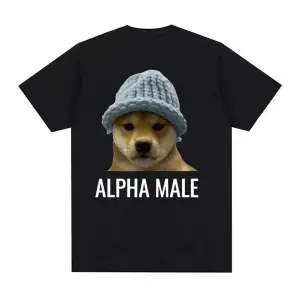 Beyaz Alfa Komik Köpek Emoji an Mizah Ekip Boyun T-Sh