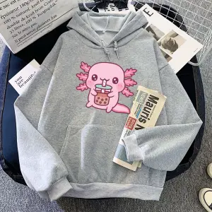 Beyaz Axolotl Yeme Kabarcık Boba Süt Çay HoodiesKarikatür Grafik