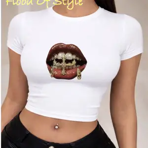 Beyaz Babby Tee dudak diş baskılı taş desen litee Özel tasarım