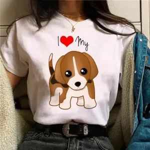 Beyaz Beagle üst streetwear tasarımcı kıyafetleri baskı yuvarlak boyun