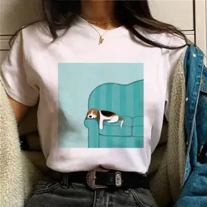 Beyaz Beagle üst streetwear tasarımcı kıyafetleri baskı yuvarlak boyun