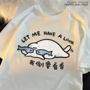 Beyaz Bir Bakalım Eğlenceli Kedi Baskı leri Yaratıcılık O-Boyun Yaz Üstleri Kar