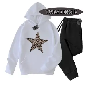 Beyaz Biskilet Leopar Yıldız Detaylı ikili TAKIM