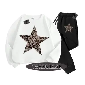 Beyaz Biskilet Leopar Yıldız Detaylı ikili TAKIM