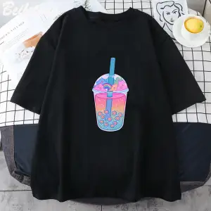 Beyaz Boba çayı baskı Harajuku siyah