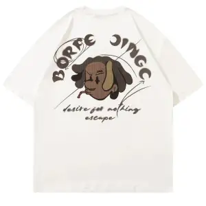 Beyaz Borfe Baskılı Bisiklet Yaka Oversize Erkek Tişört