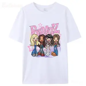 Beyaz Bratz Y2k 2000 Karikatür Baskı Harajuku Pembe Üstleri Yaz