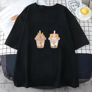 Beyaz Bubu ve Ayın Baskı Kapibara ve Gine Domuzu Boba Çayı Kawaii Estetik Graf