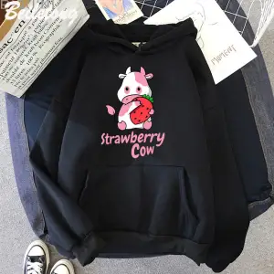 Beyaz Çilek süt inek karikatür Hoodie Kawaii Girls dera Mujer