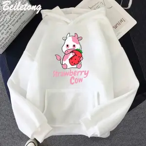 Beyaz Çilek süt inek karikatür Hoodie Kawaii Girls dera Mujer