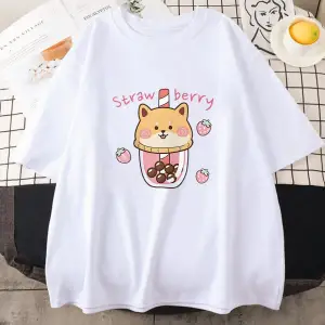 Beyaz Çilek Süt Karikatür baskılı Yumuşak Bahar Ropa Mujer Kı