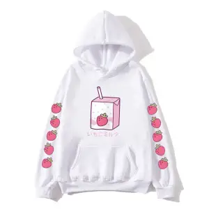 Beyaz Çilek Süt KarikatürHoodies Kawaii için