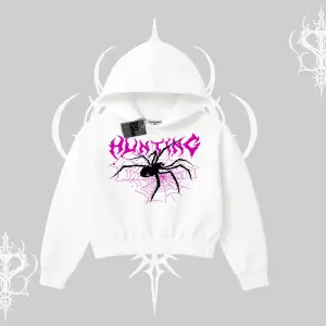 Beyaz Crop Kapşonlu Sweatshirt Autumn Spider
