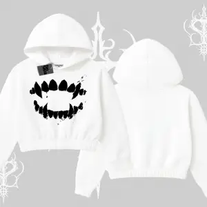 Beyaz Crop Kapşonlu Sweatshirt Vampir Dış