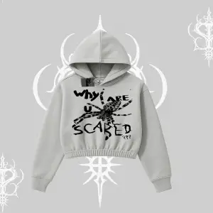 Beyaz Crop Kapşonlu Sweatshirt Why are u Scared
