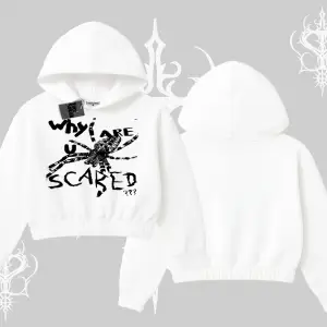 Beyaz Crop Kapşonlu Sweatshirt Why are u Scared