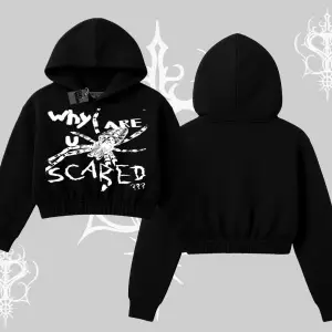 Beyaz Crop Kapşonlu Sweatshirt Why are u Scared