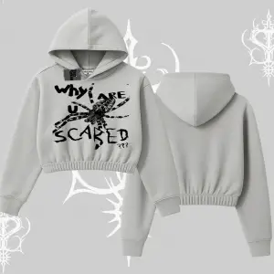 Beyaz Crop Kapşonlu Sweatshirt Why are u Scared