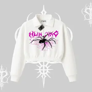 Beyaz Crop Yarım Fermuarlı Sweatshirt Autumn Spider