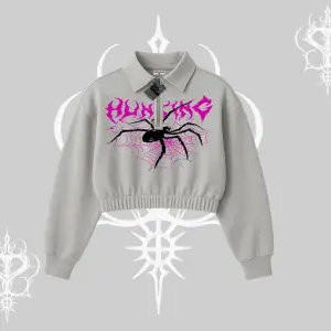 Beyaz Crop Yarım Fermuarlı Sweatshirt Autumn Spider