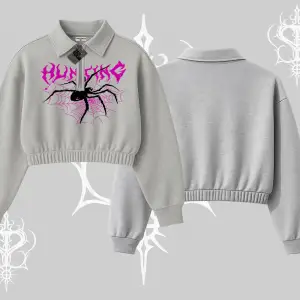 Beyaz Crop Yarım Fermuarlı Sweatshirt Autumn Spider
