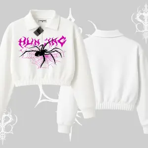 Beyaz Crop Yarım Fermuarlı Sweatshirt Autumn Spider