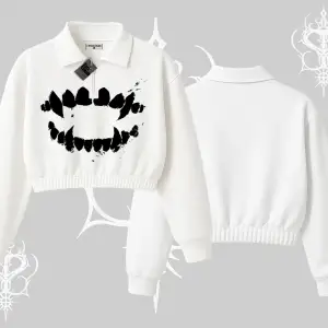 Beyaz Crop Yarım Fermuarlı Sweatshirt Vampir Dış