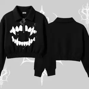 Beyaz Crop Yarım Fermuarlı Sweatshirt Vampir Dış